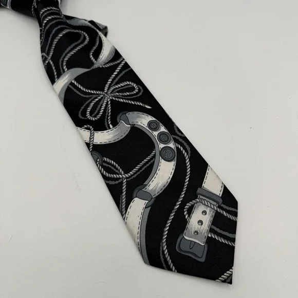 Vintage Tie Men's Silk Mercedes High Fashion Black Equestrian Horsebit Luxury - Picture 2 of 4